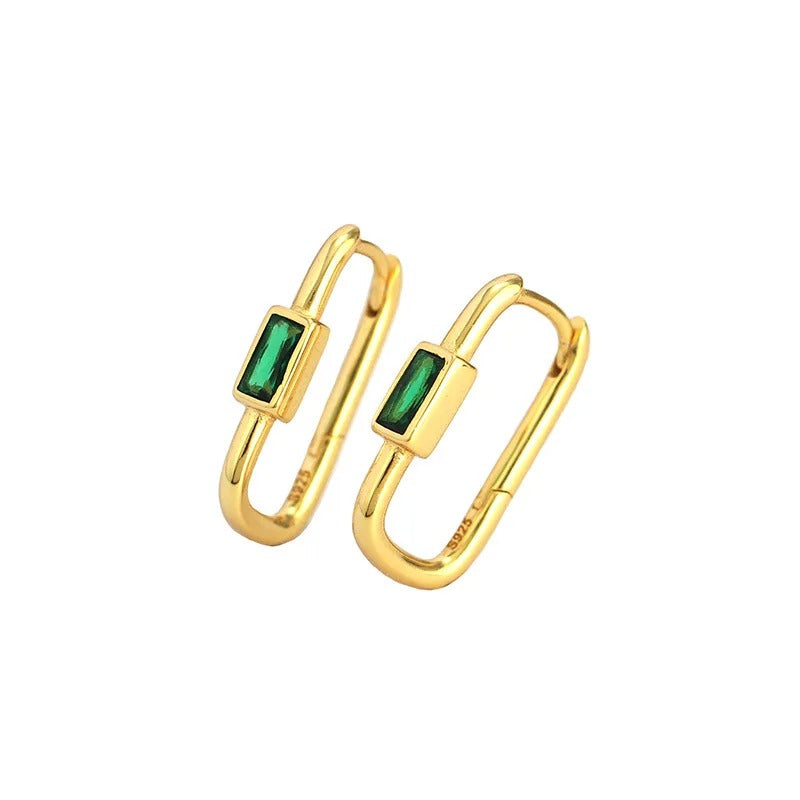Trendy gold plated hoop earrings with rectangular green stone, elegant minimalist jewellery for women ideal for daily fashion