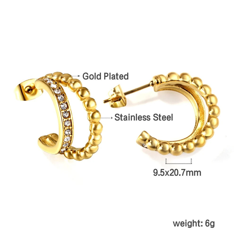 Gold plated stainless steel hoop earrings with crystal and beaded design, lightweight 6g jewelry