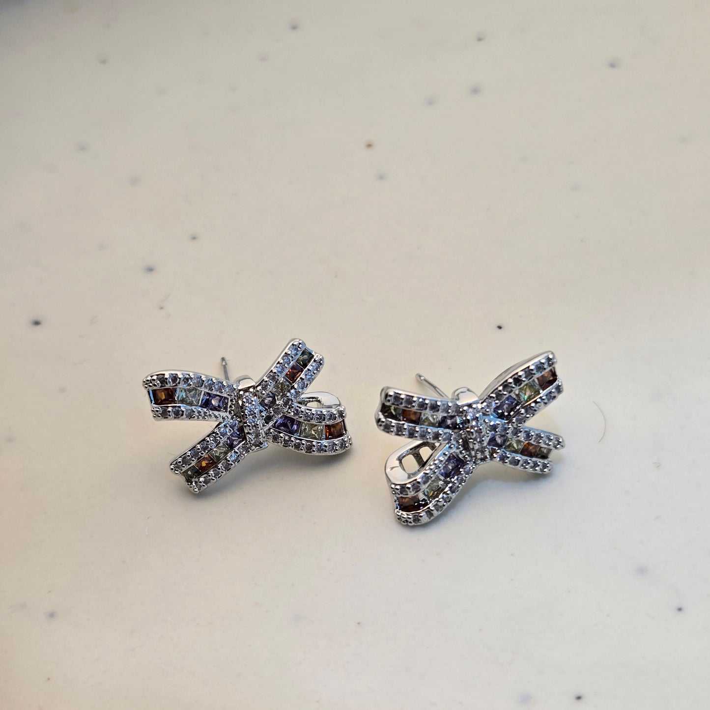 SIlver Rainbow Zirconia Spark Bow Earrings