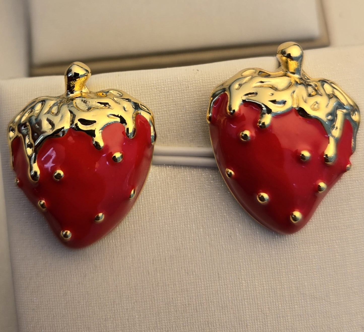 Gilded Strawberry Enamel Stud Earrings