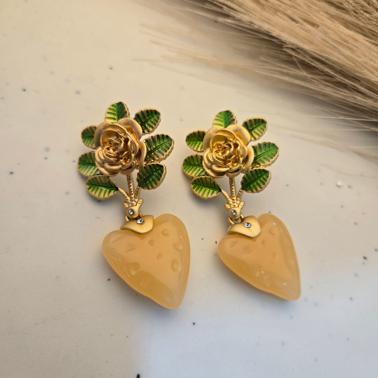 Vintage-Style Gilded Floral Strawberry Dangles