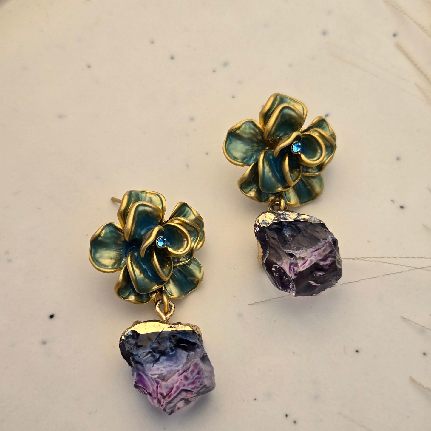 Gilded Midnight Rose & Raw Amethyst Drops Earrings