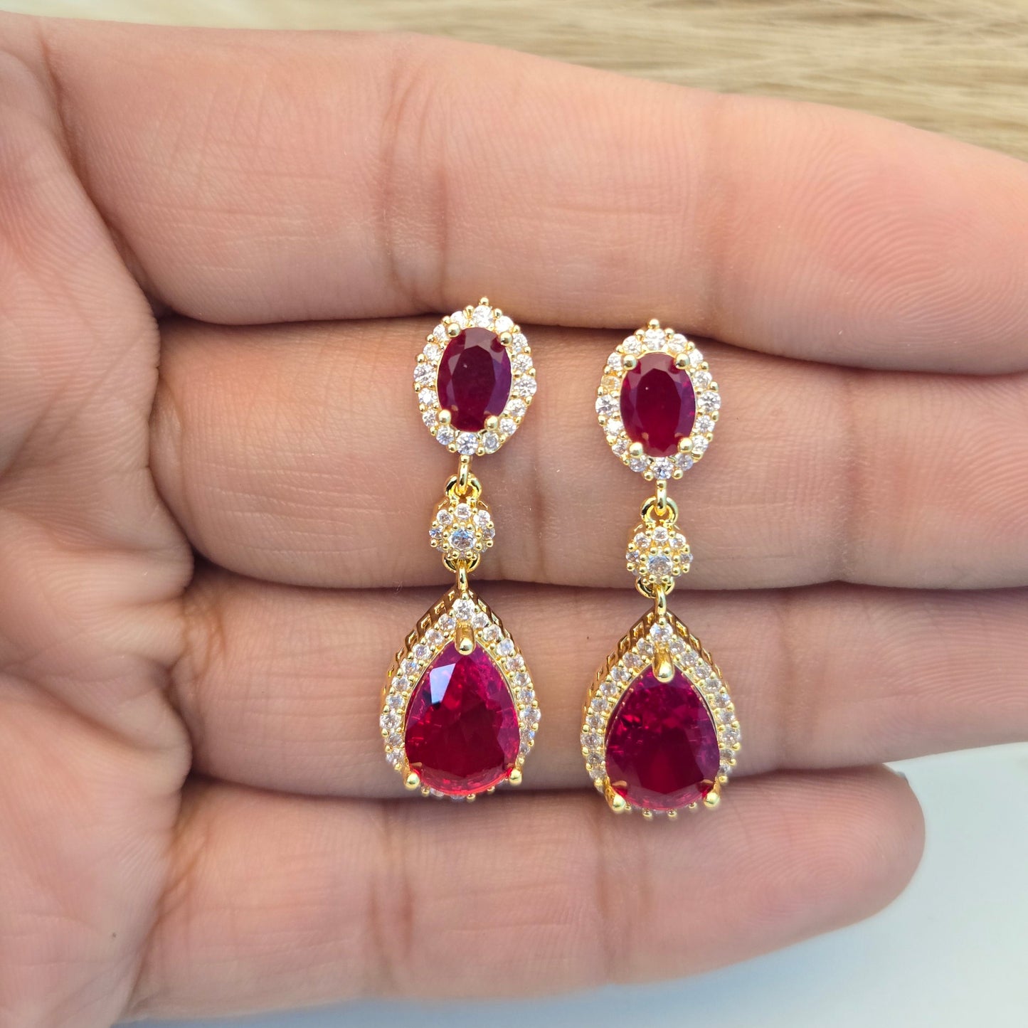 Ruby Crimson Pear Halo Drop Earrings