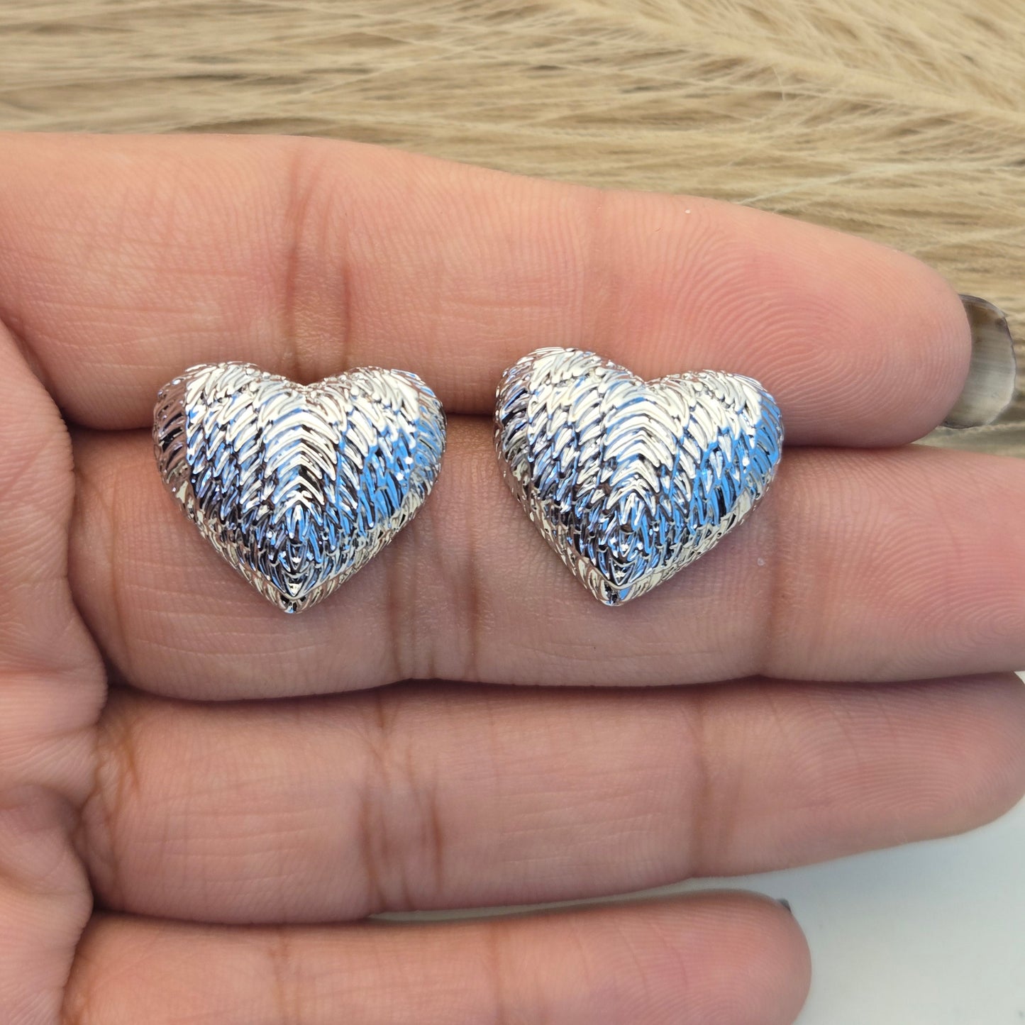 Luxe Ribbed Heart Silver Stud Earrings