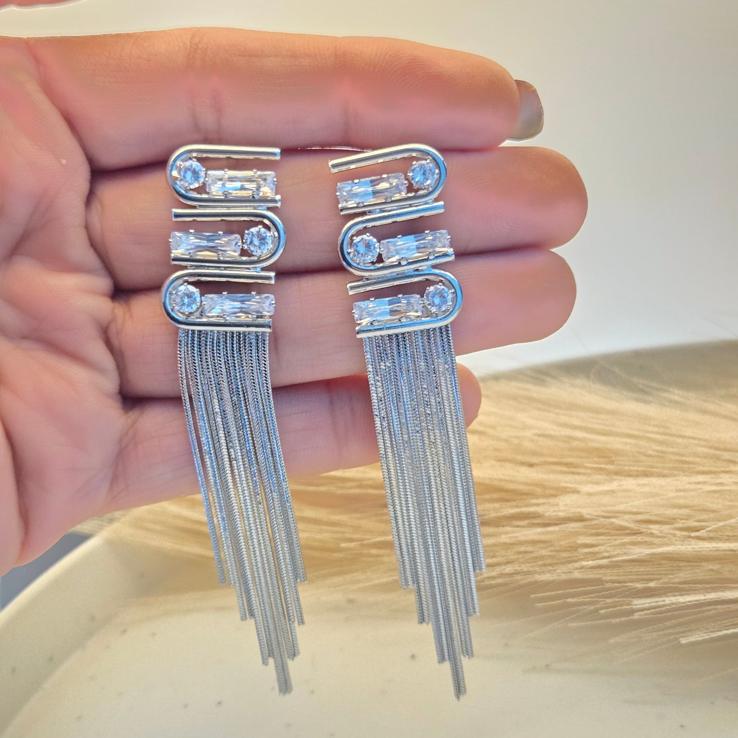 Glacier Baguette Silver Tassel Earrings