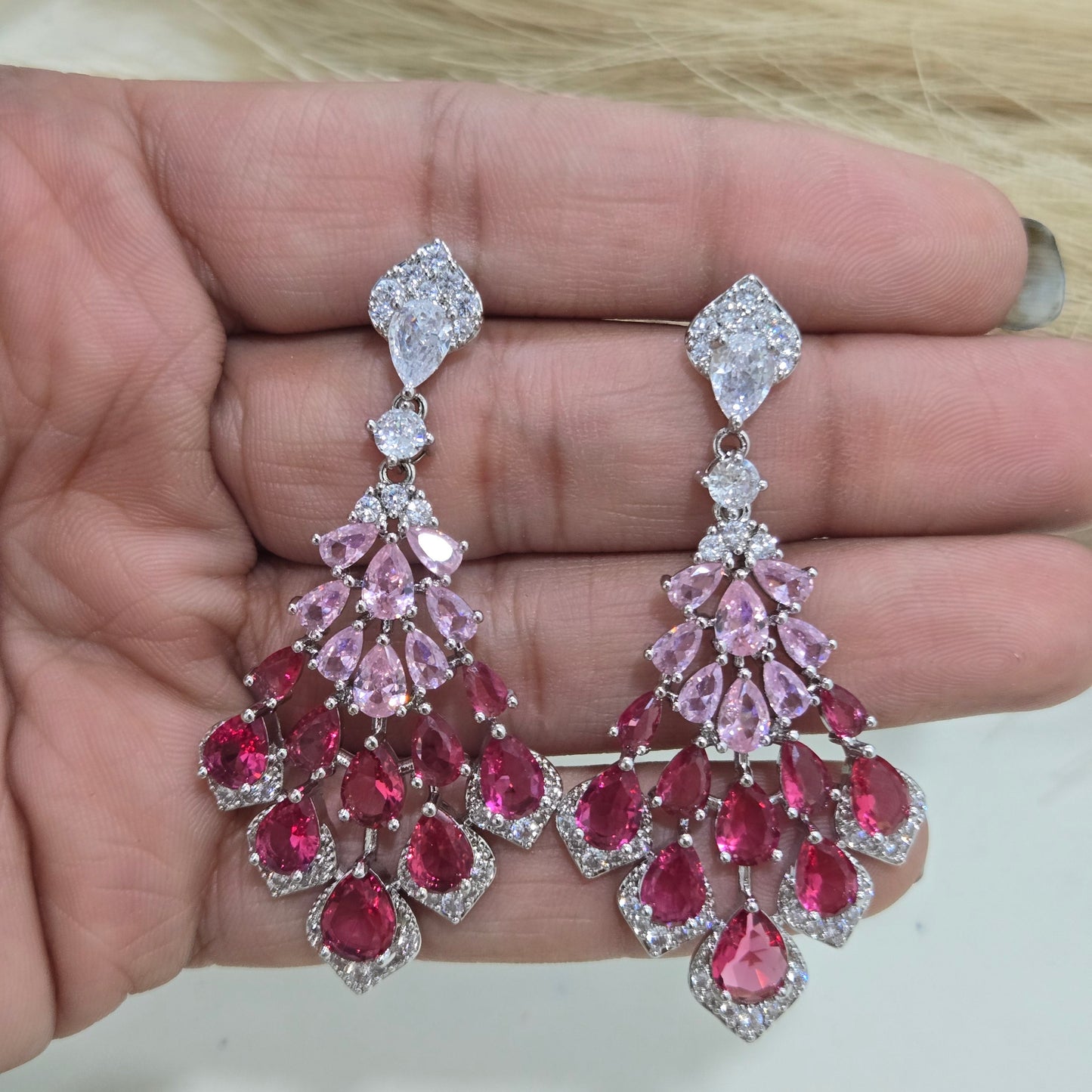 Cascading Pink Crystal Drop Silver Earrings