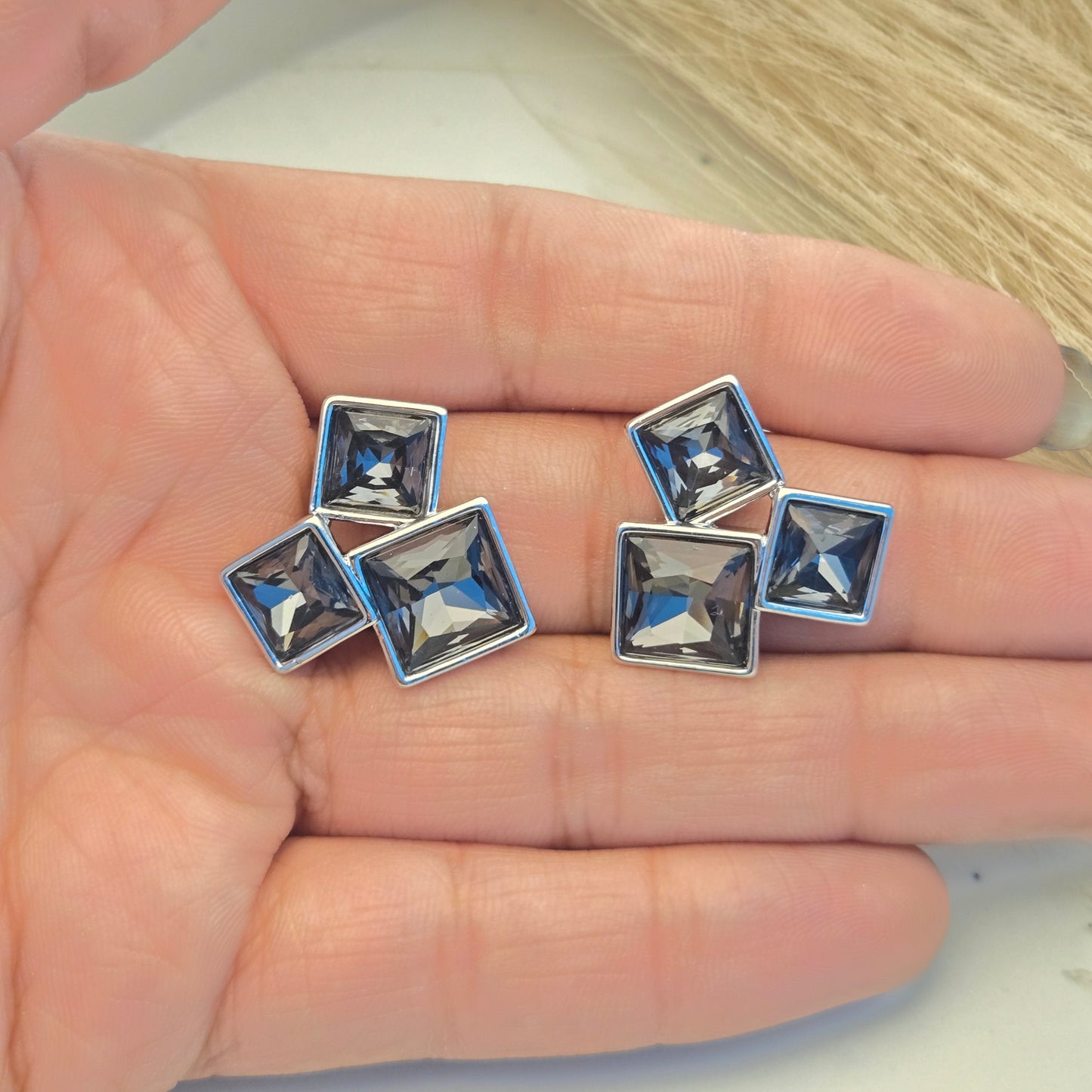 Smoky Grey Square Cluster Studs