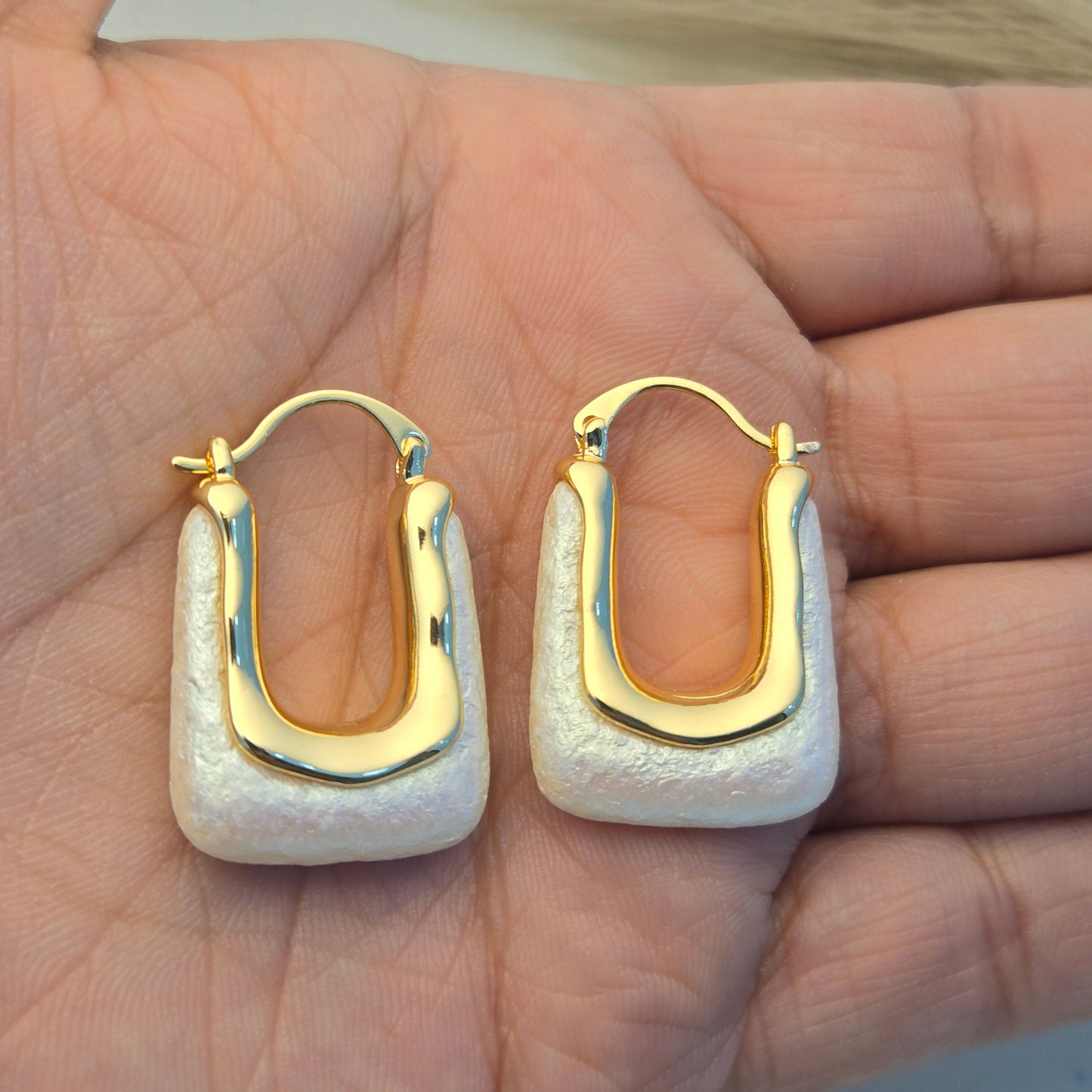 Modernist Gilded Stone Hoops
