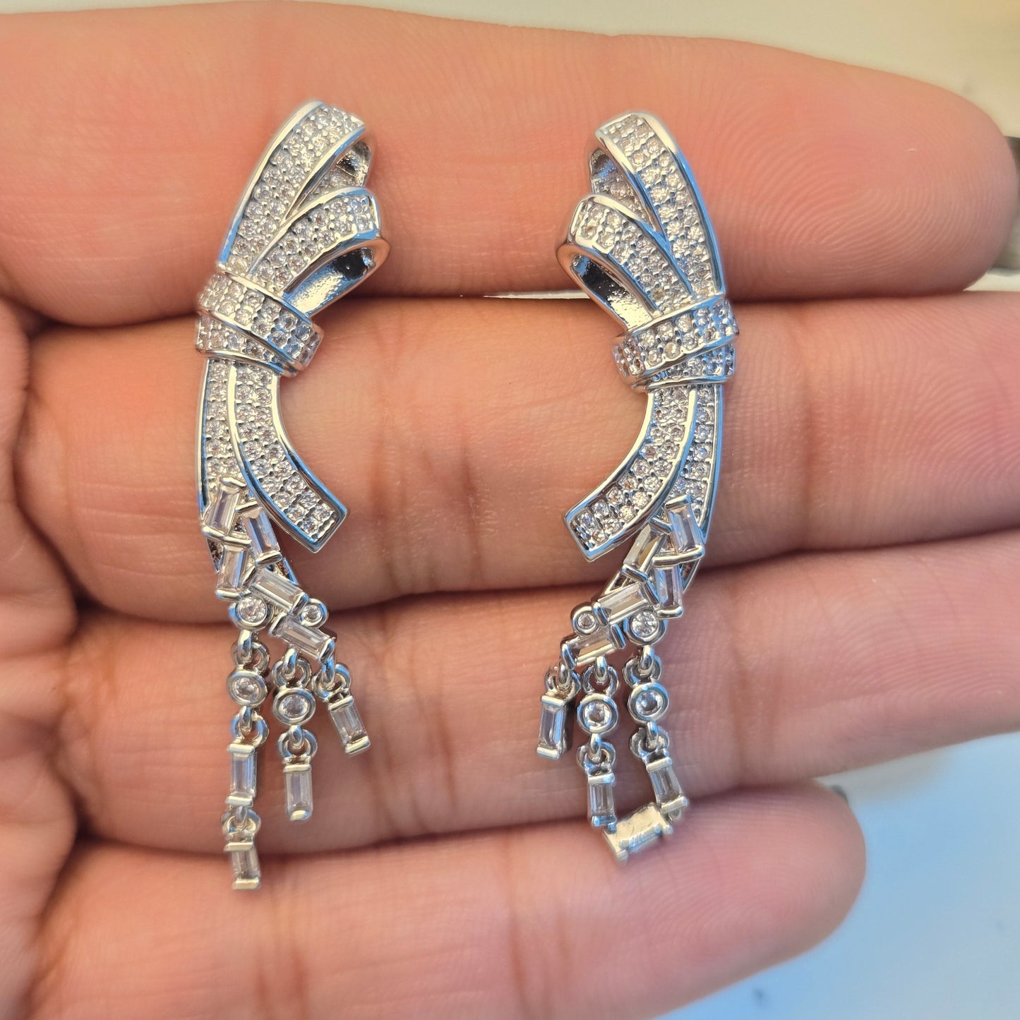 Crystal Long Ribbon Bow Silver Tassel Earrings