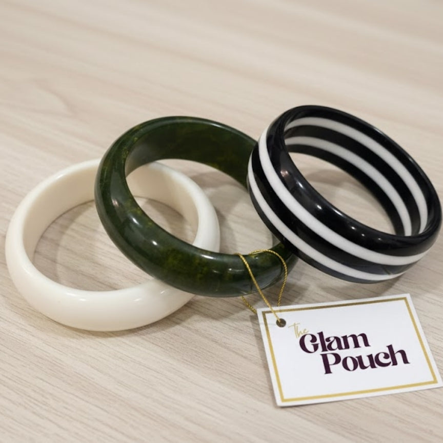 The Evergreen Resin Bangle Stack - Green, White, & Striped