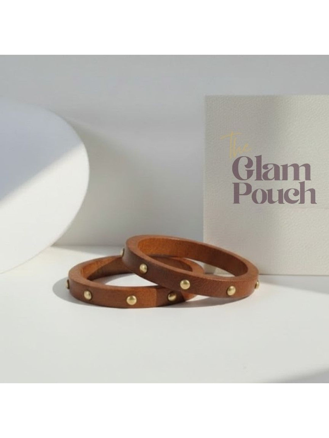 Brown Leather Brass Stud Bangles for Women - Pair of 2