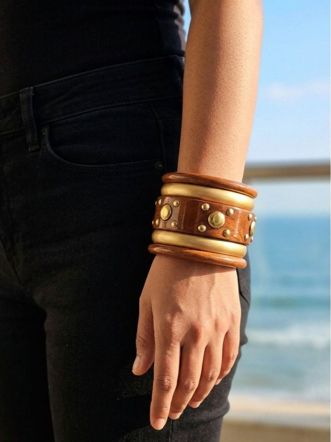 Gold-Tone Wood & Metal Stud Bangles Set of 5