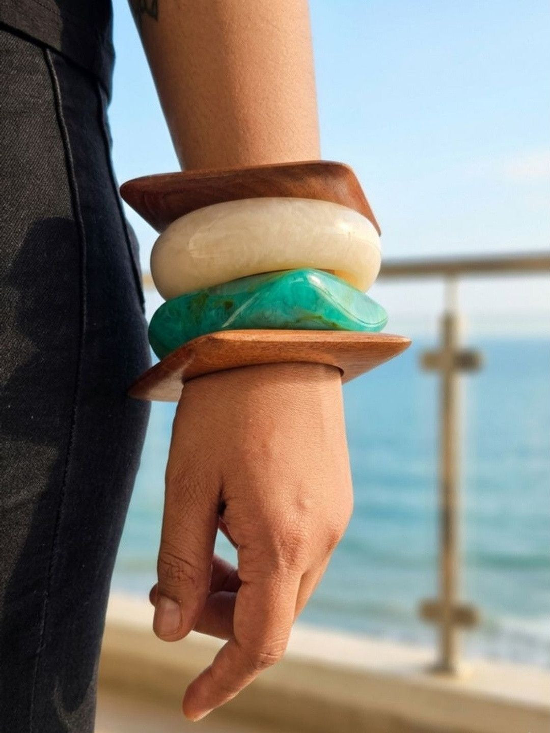 Wood & Resin Boho Bangles for Women Set of 4