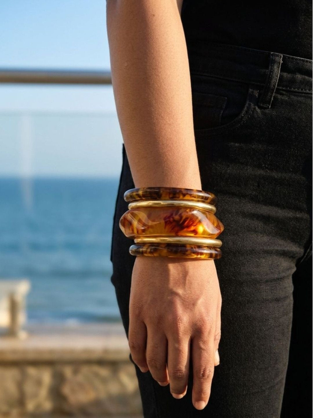 Amber Resin & Gold-Tone Bangles Set of 5