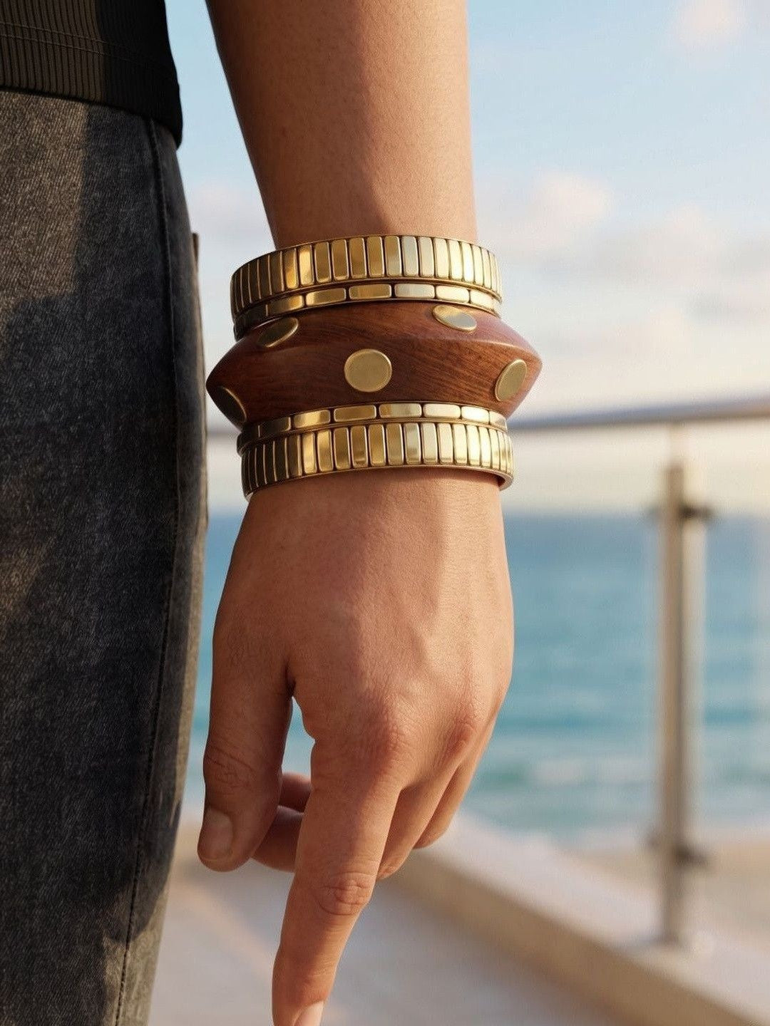 Gold-Plated Wood & Metal Bangles Set of 5