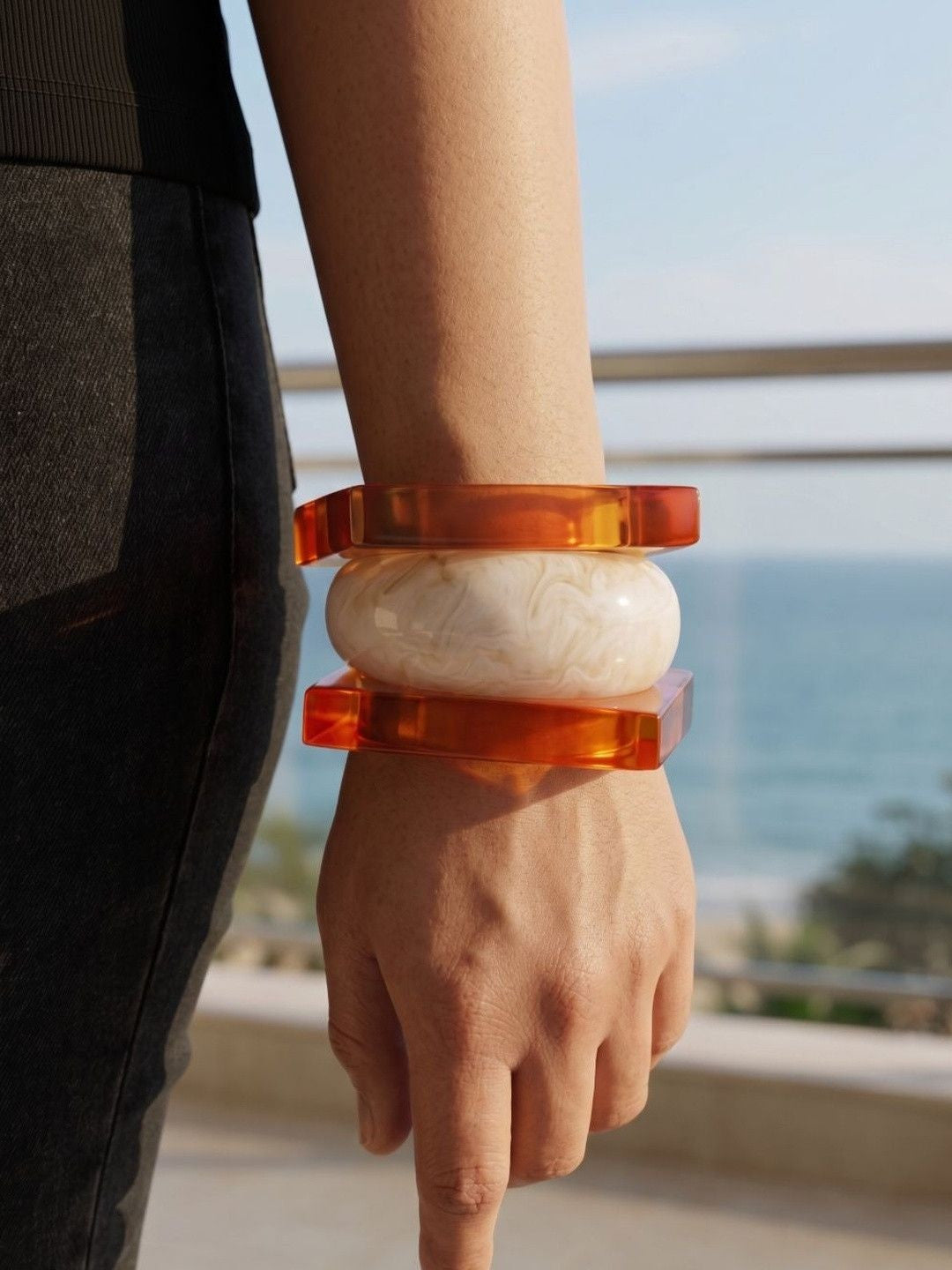 Orange Resin Square Bangles with Pearl Bangle Set of 3