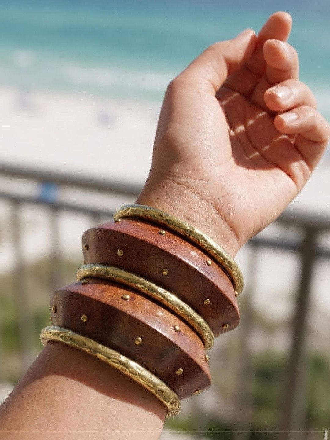 Wood & Brass Studded Kada Bangles Set of 5