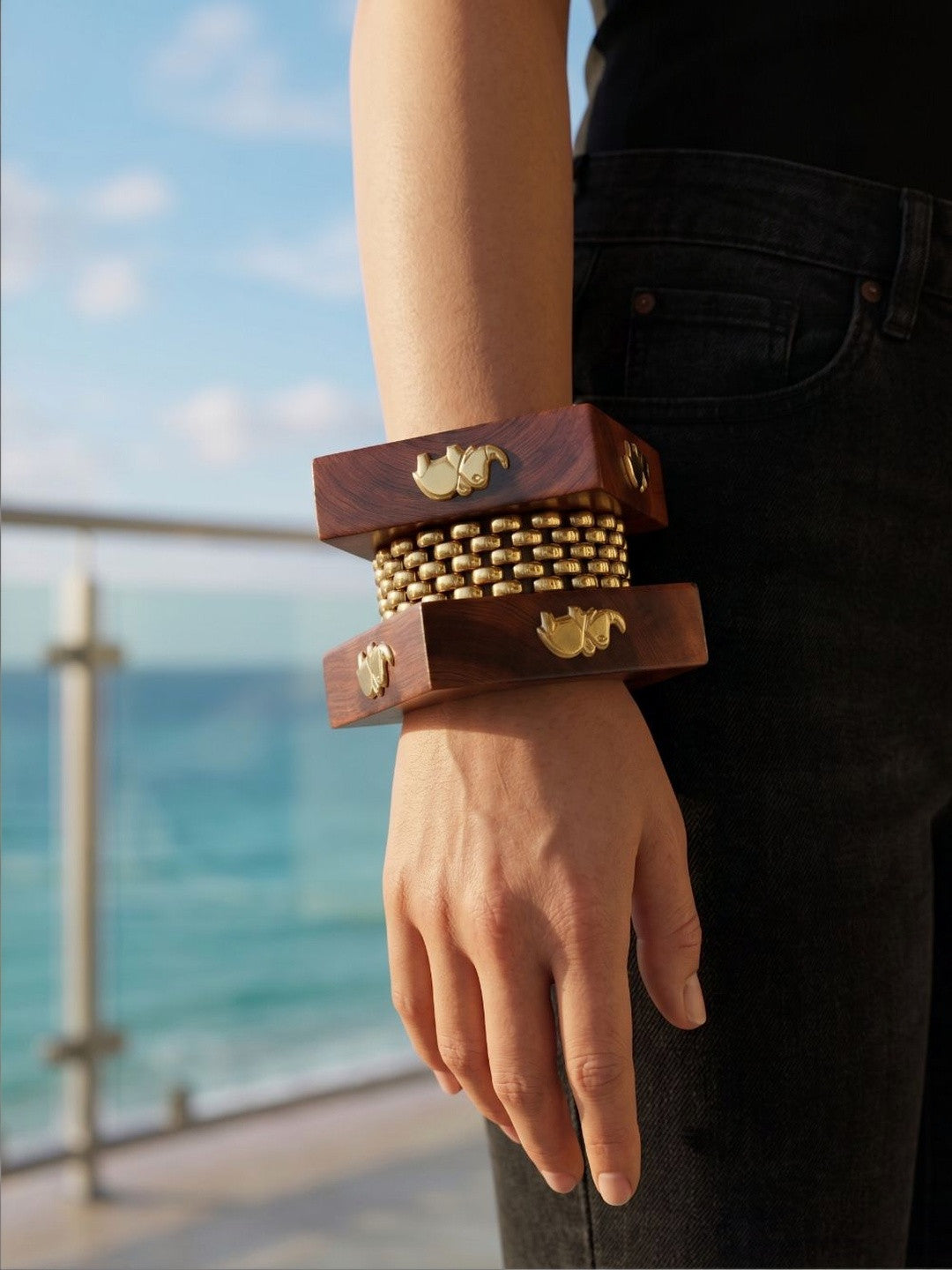 Gold-Tone Wood & Metal Bangles Set of 3