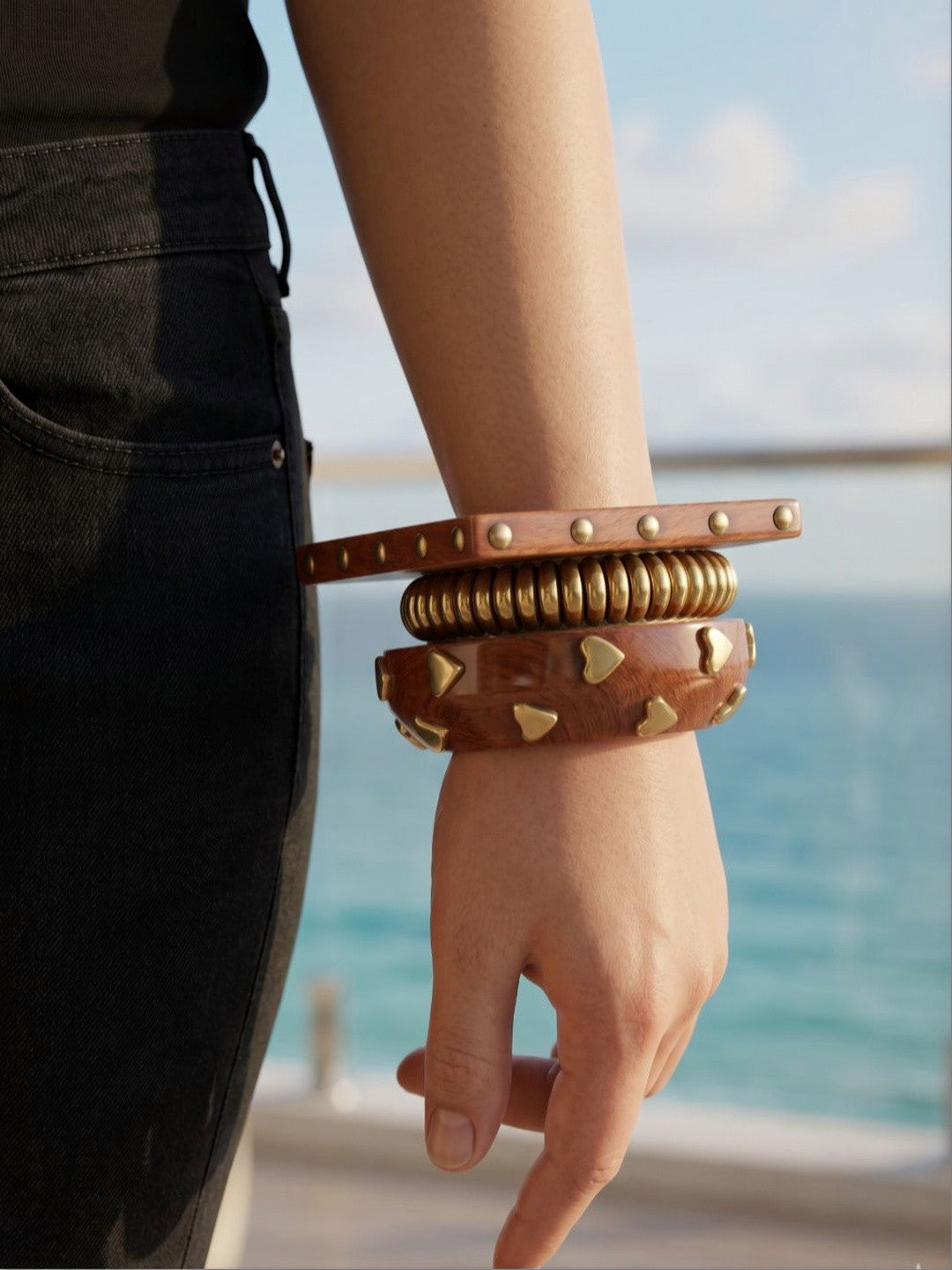 Gold-Plated Wood & Brass Bangle Set of 3