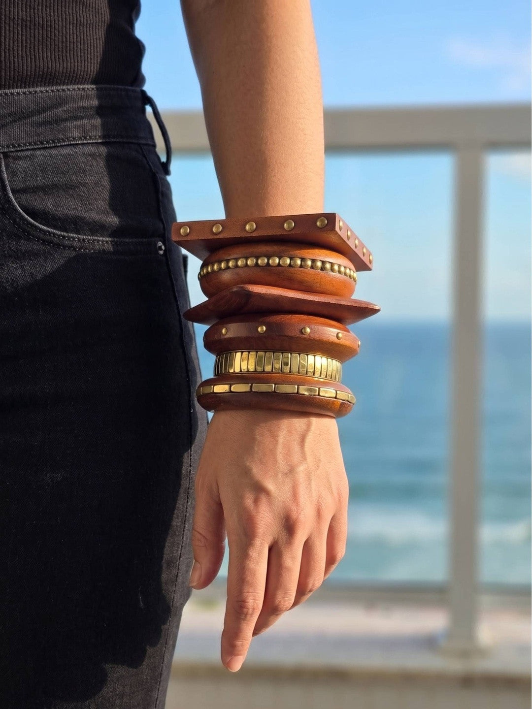 Brass-Inlay Wooden Bangles for Women Set of 6