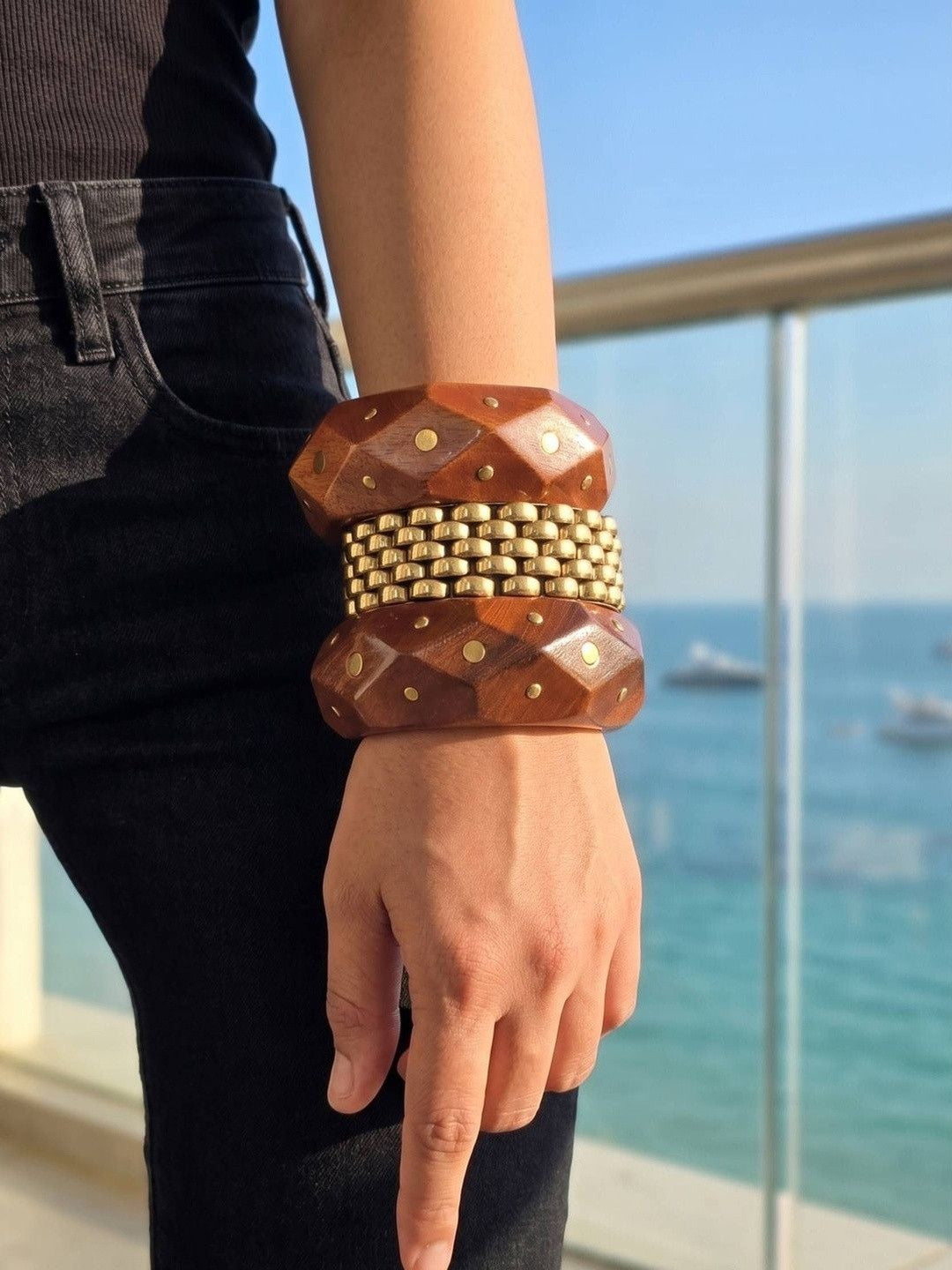 Gold-Tone Wood & Brass Bead Bangles Set of 3