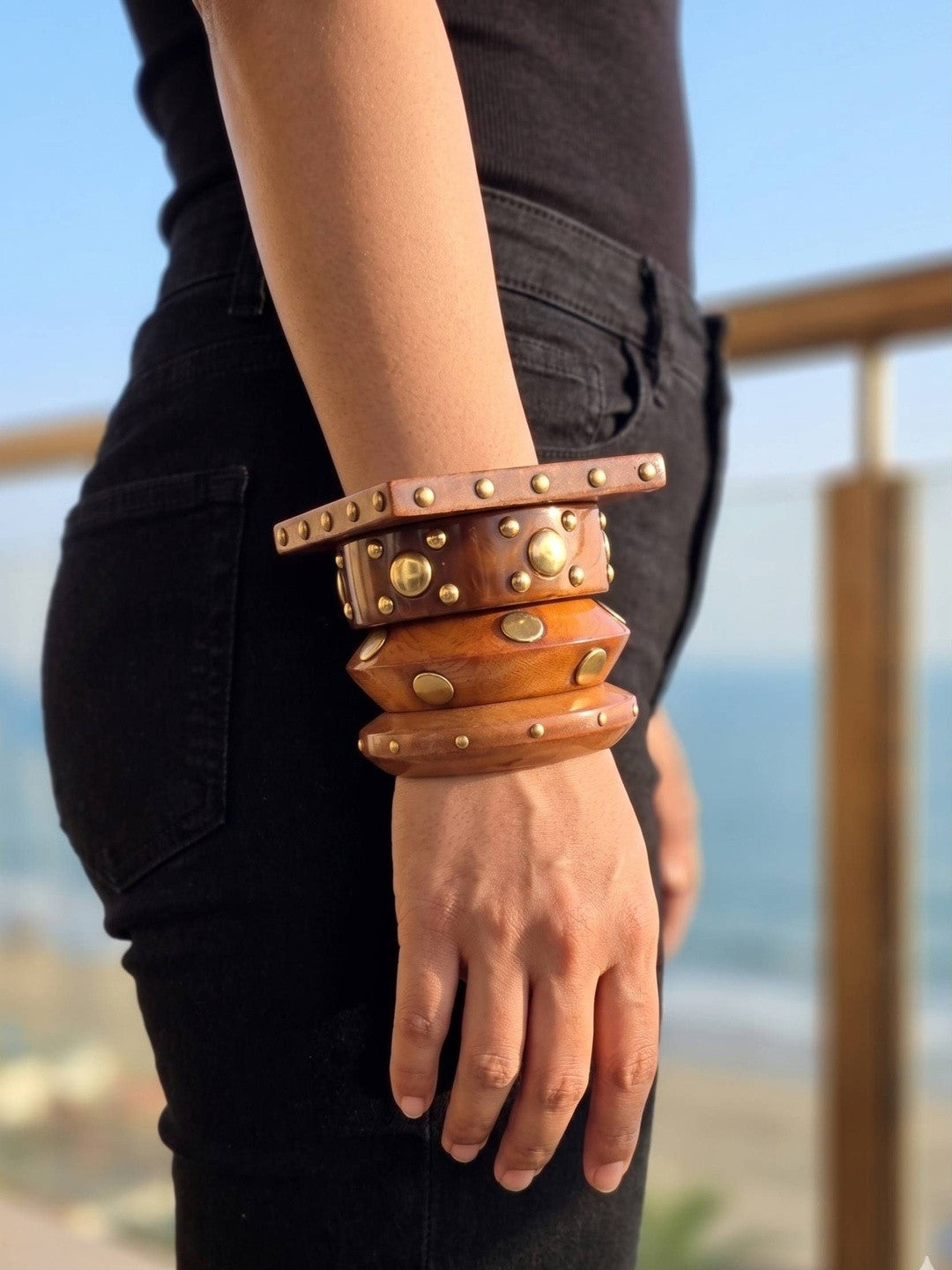 Brass-Studded Wooden Bangles for Women Set of 4