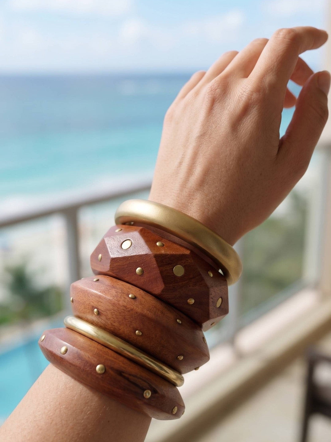 Brass-Studded Wooden Bangles Set of 5