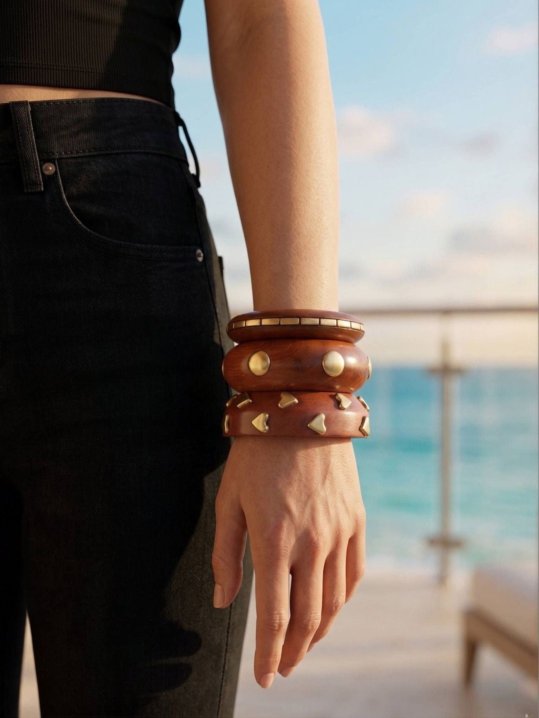 Gold-Plated Brass Studded Wooden Bangles Set of 3