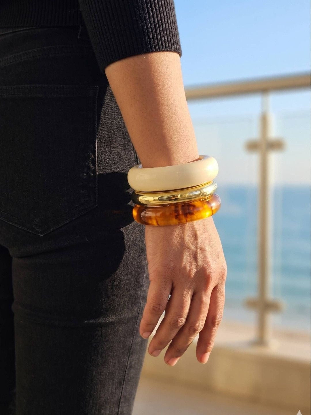 Ivory Gold Tortoise Resin Bangle Set of 3