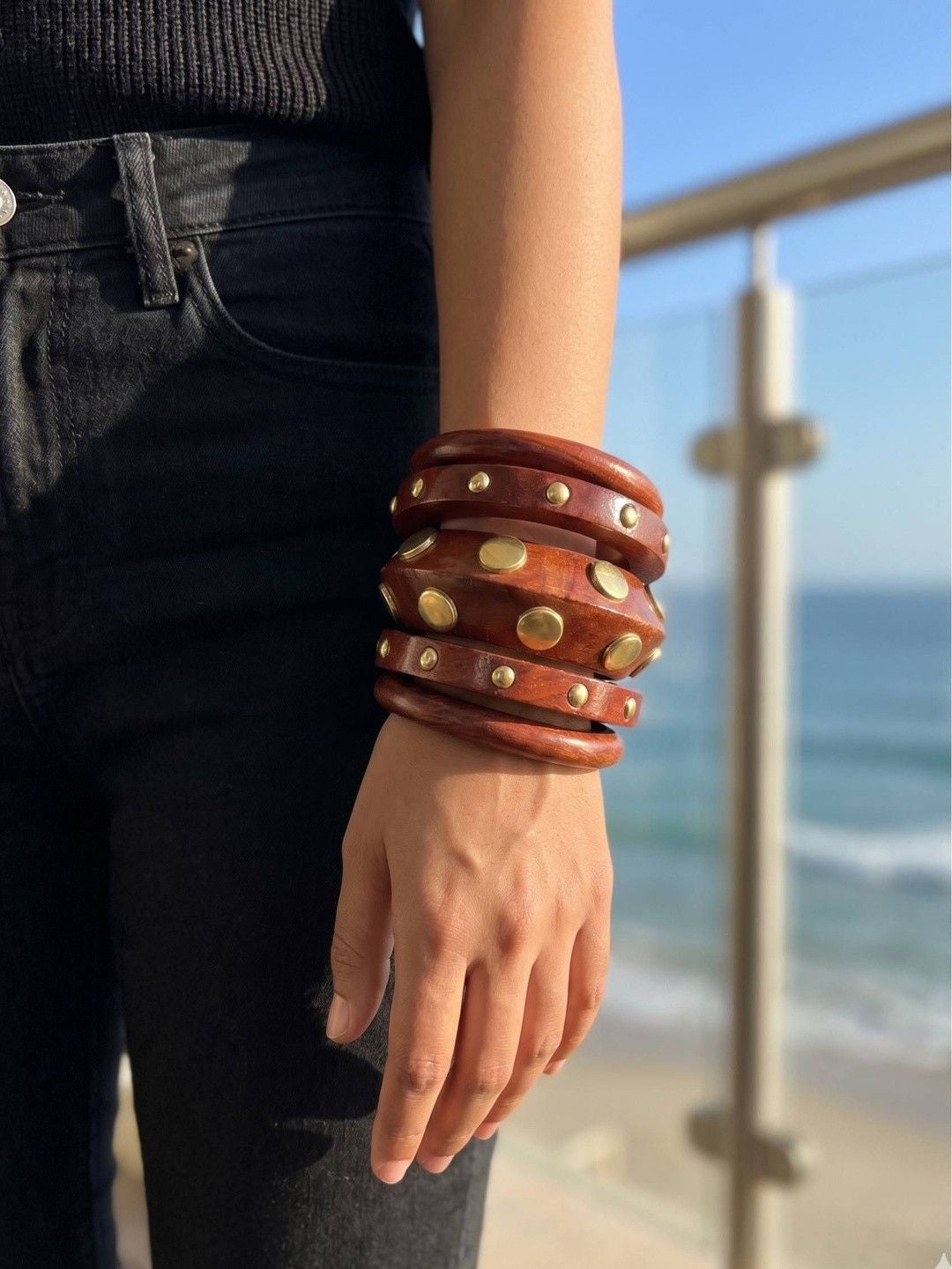 Brass-Studded Wooden Bangles Set of 5