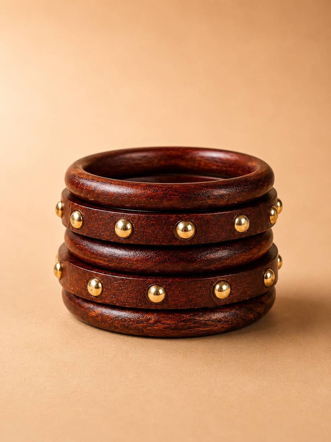 Brown Wooden Brass Stud Bangles Set of 5