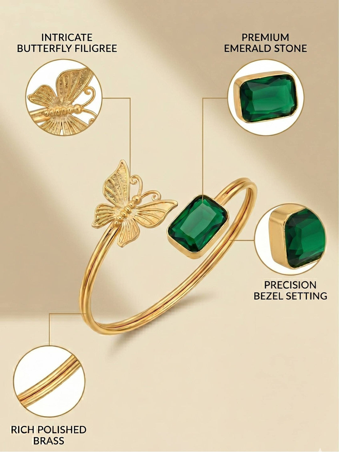 Gold-Plated Brass Butterfly Emerald Cuff for Women