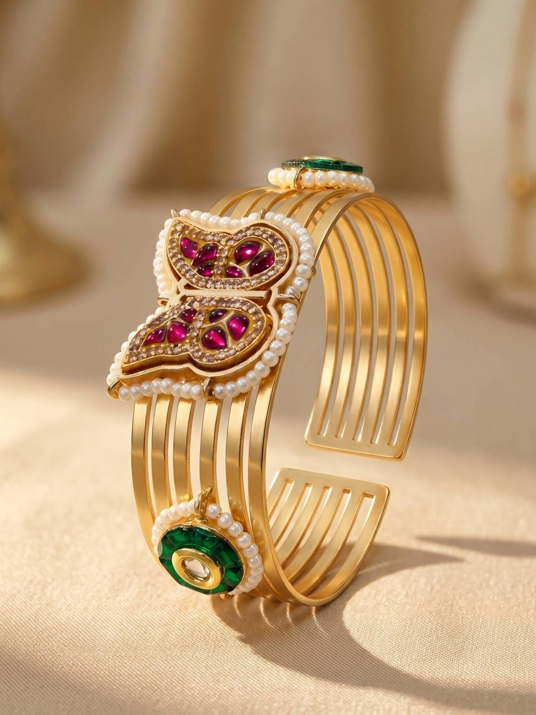 Gold-Plated Brass Kundan Butterfly Cuff Bracelet for Women