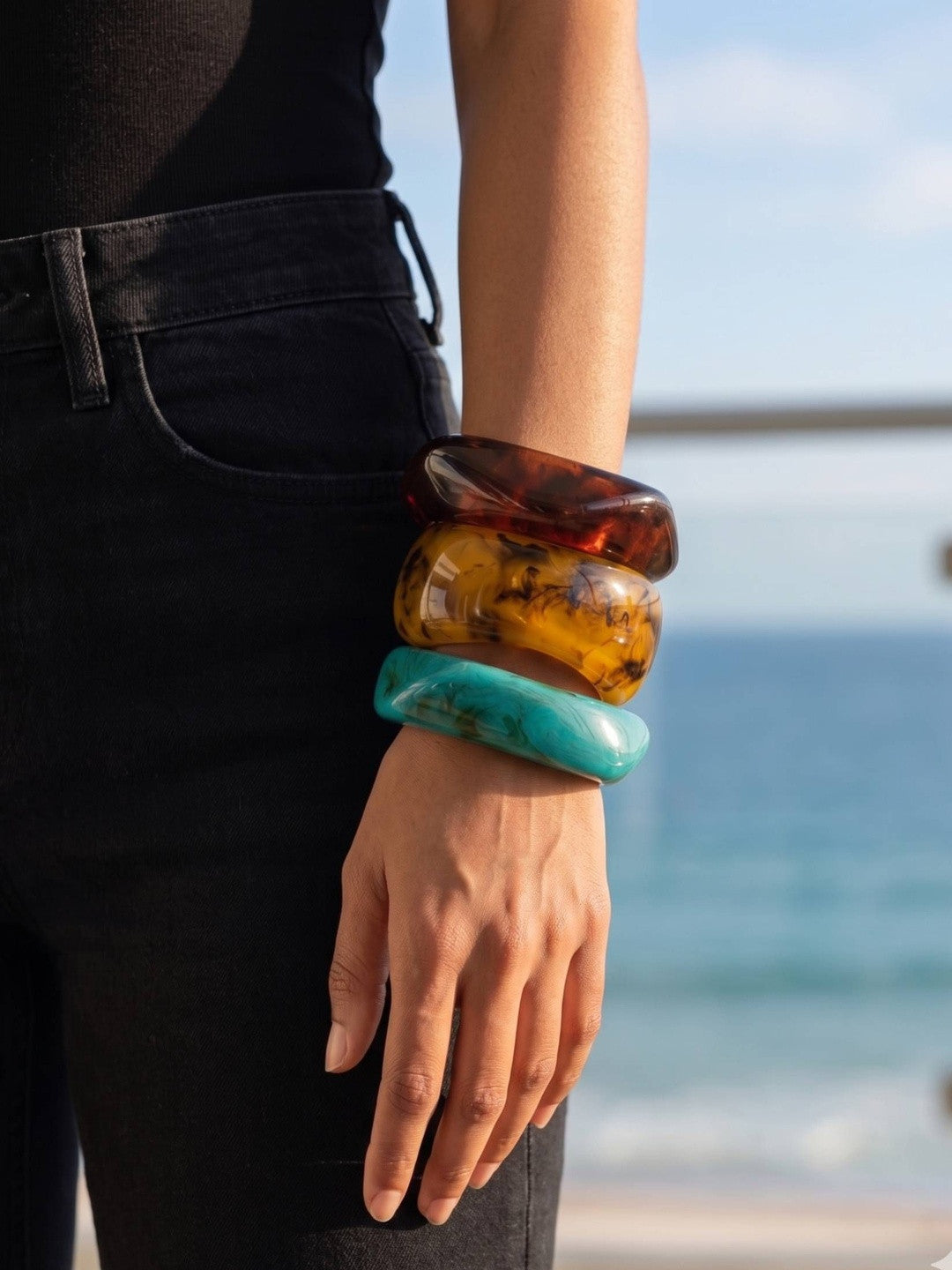 Resin Marble Chunky Bangles for Women Set of 3