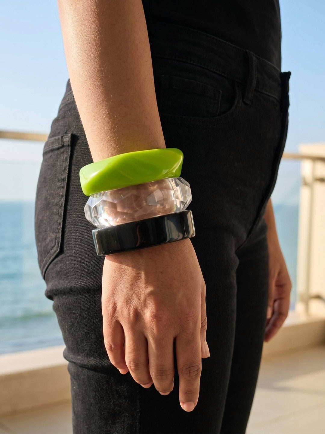 Acrylic Resin Bangles Clear Black Lime Green Set of 3