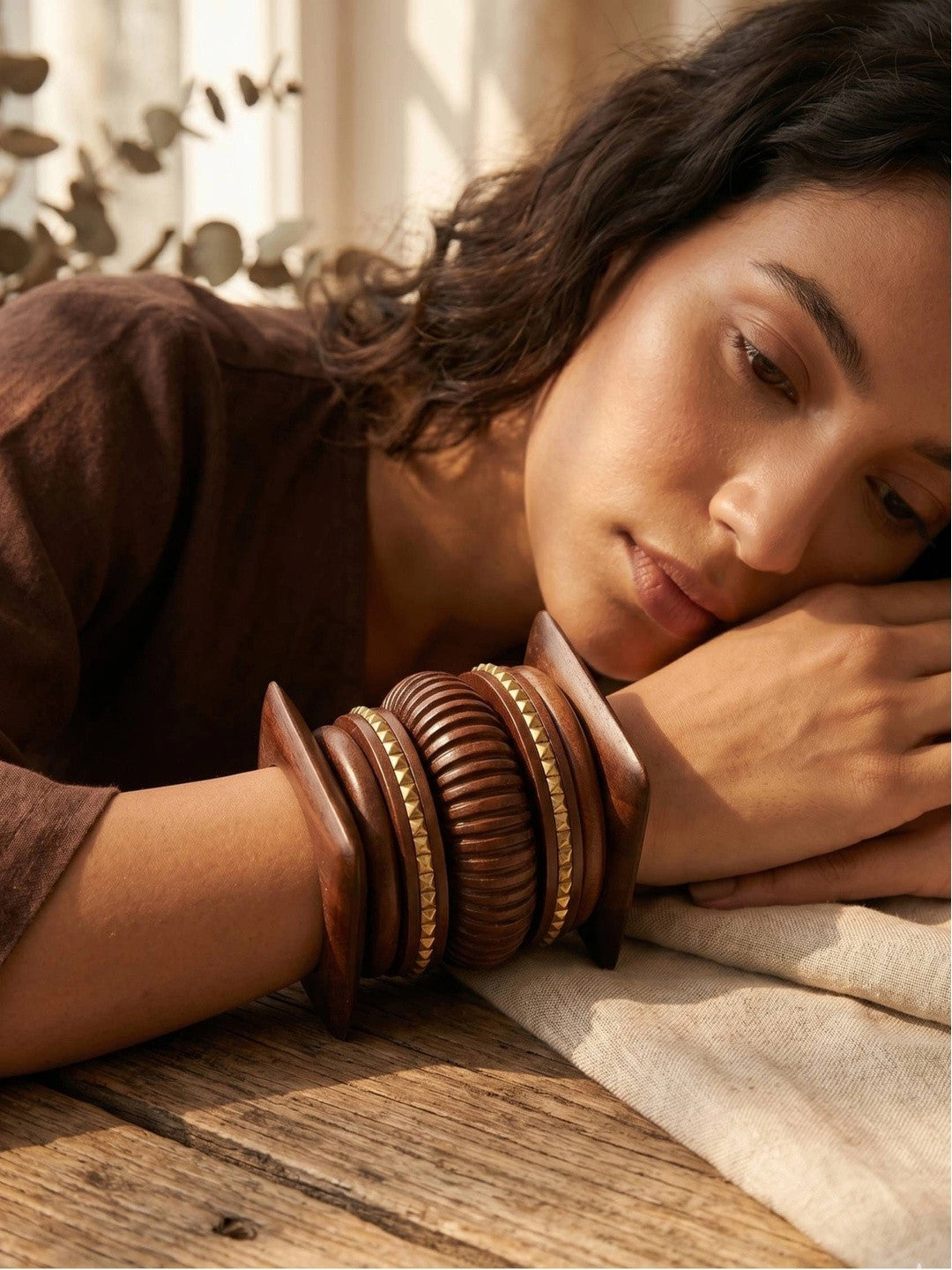 Carved Wood & Brass Stud Bangles Set of 6