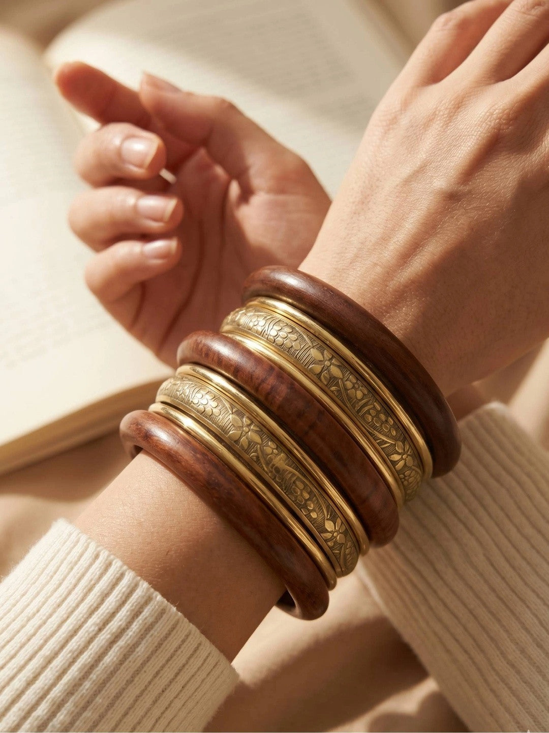 Wood & Gold-Toned Brass Engraved Bangles Set of 8