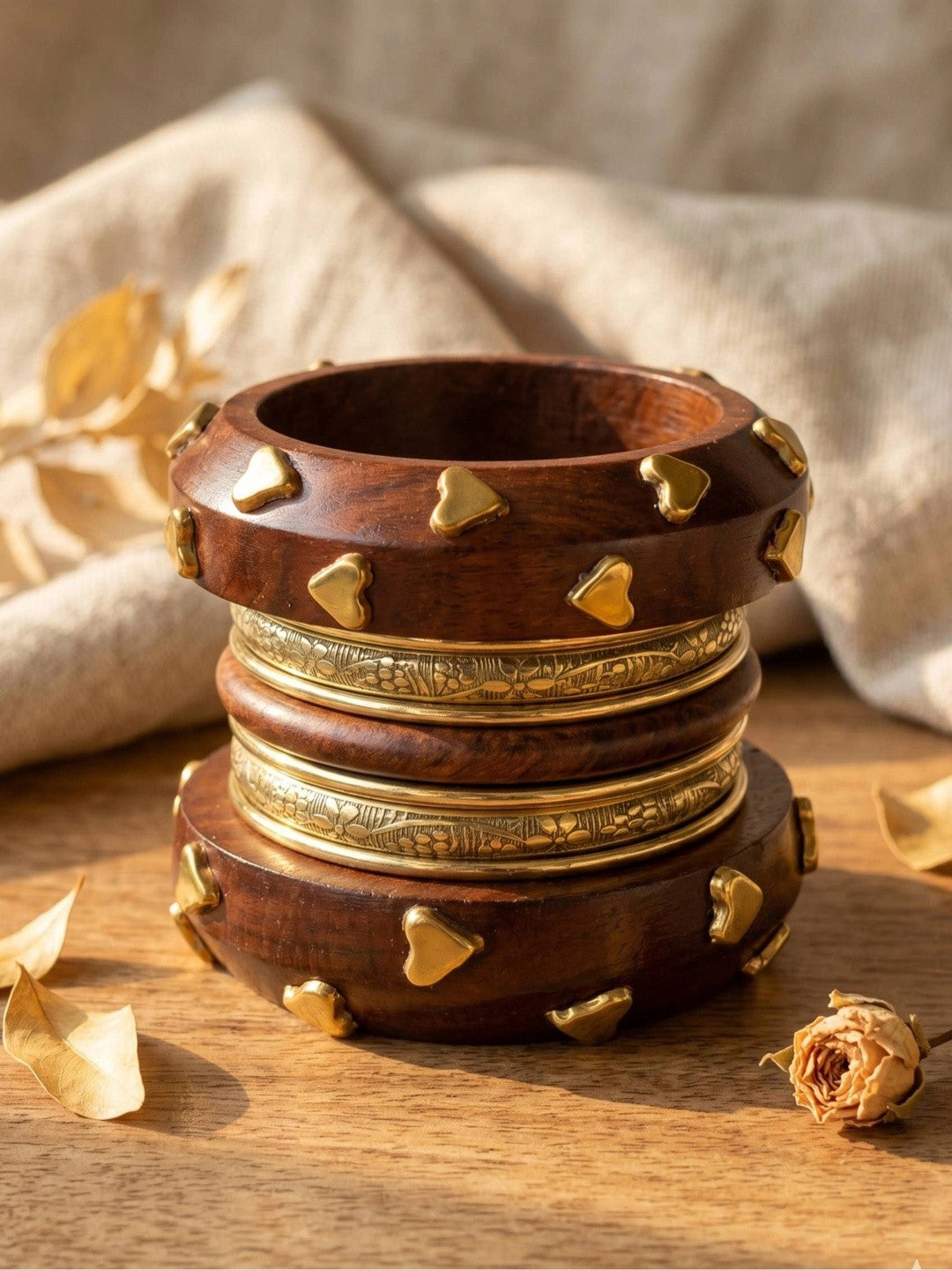 Gold-Finish Wooden Heart Stud Bangles Set of 8