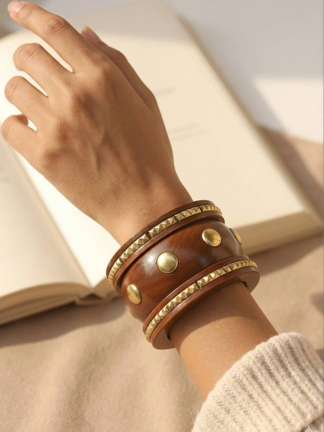 Brass-Studded Wooden Kada Bangles Set of 3