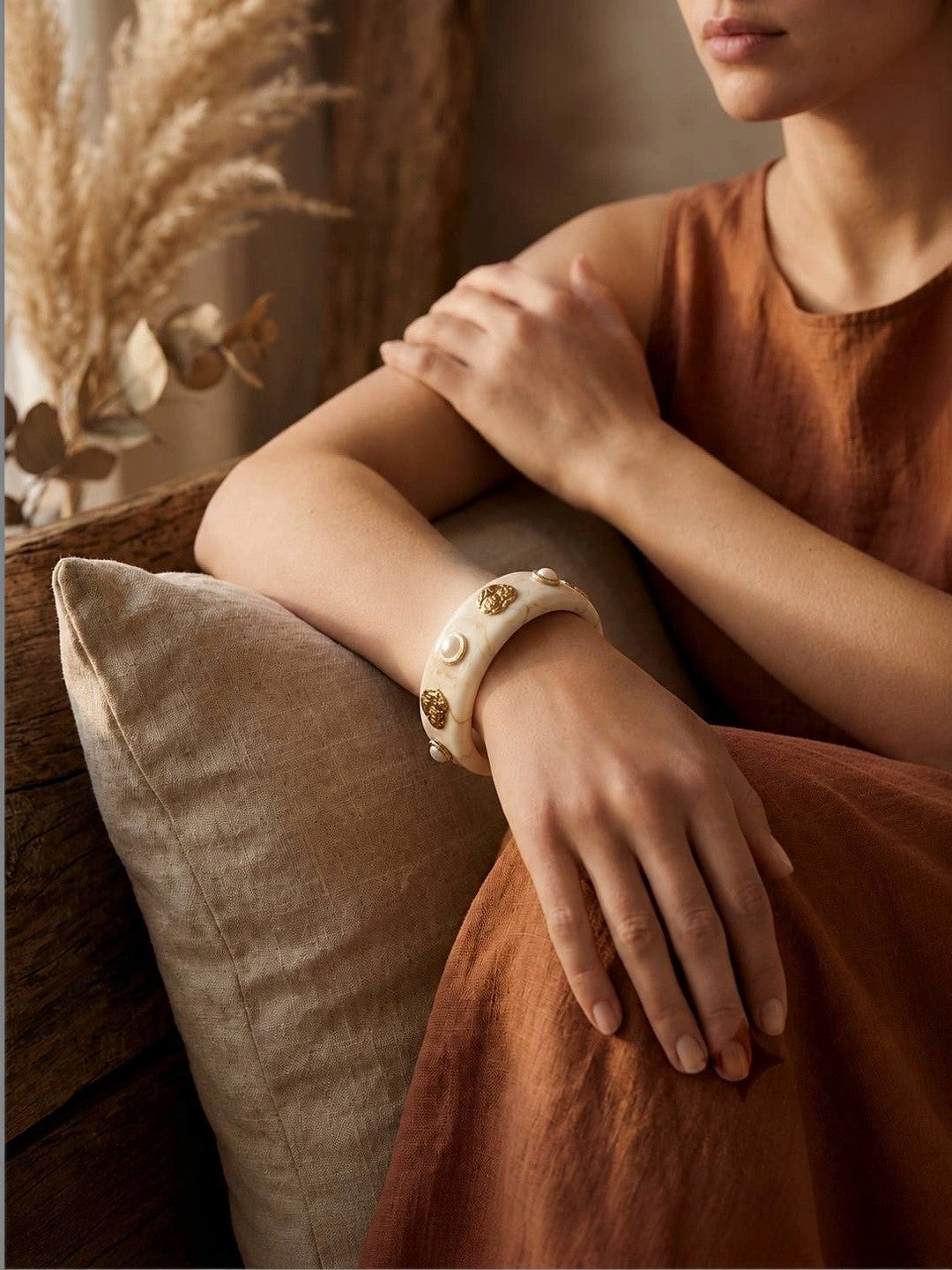 Ivory Resin Bangle with Gold-Tone Pearl Studs
