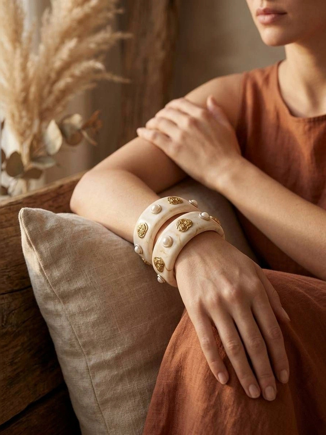 Ivory Resin Pearl & Gold-Plated Kada Bangles Set of 2