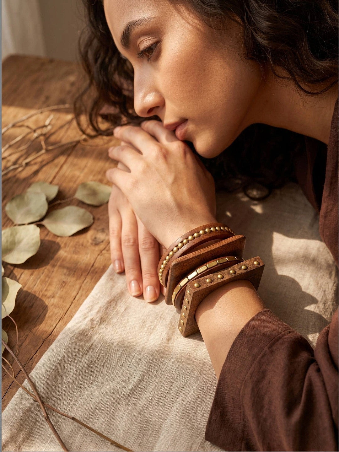 Brass-Studded Wood Bangles Set of 4