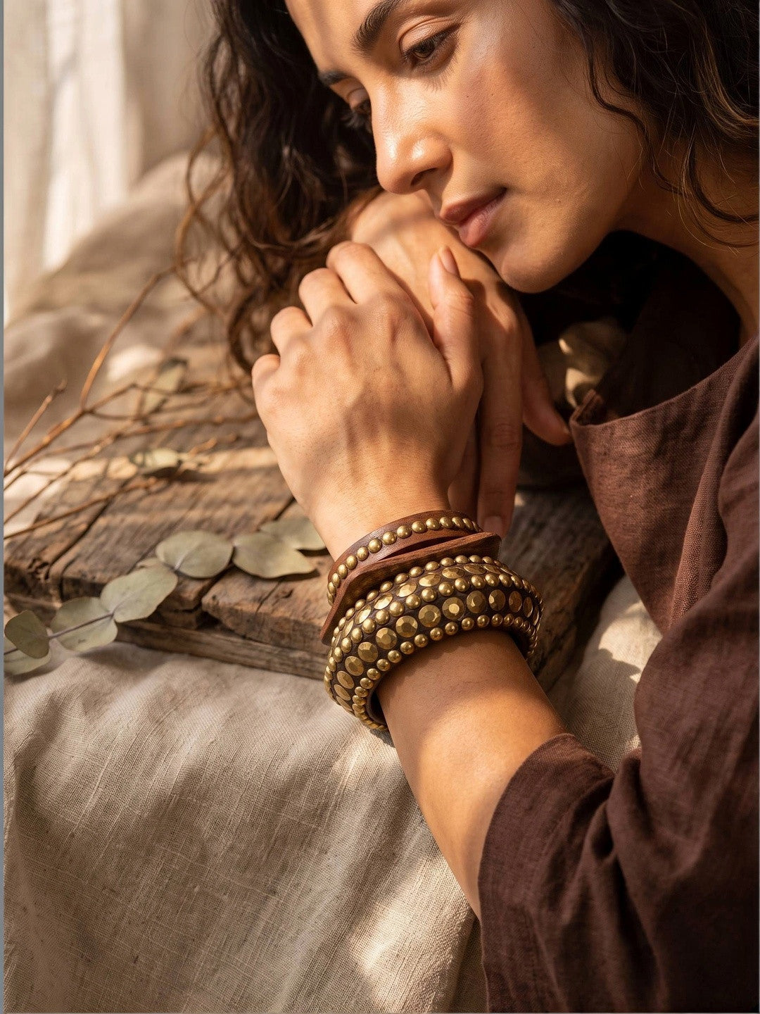 Brass-Studded Wooden Bangles for Women Set of 3