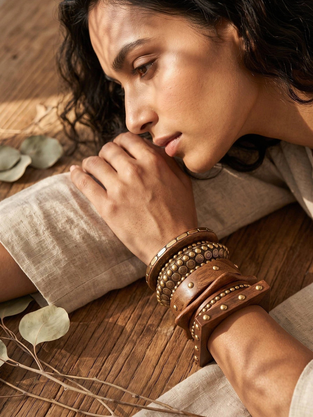 Brass-Studded Wooden Bangles for Women Set of 6