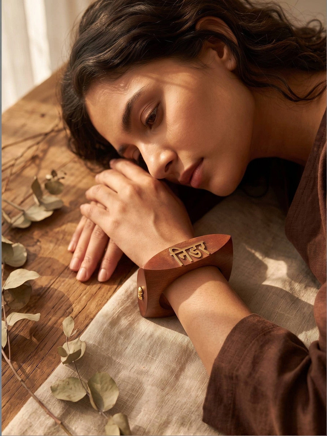 Gold-Tone Nidar- Brave Wooden Cuff Bangle for Women