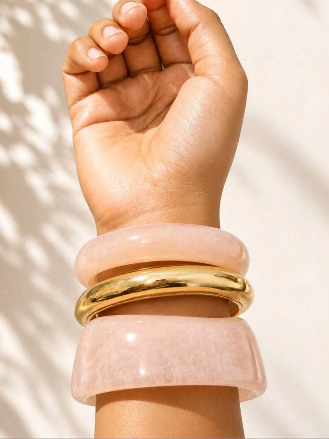 Rose Quartz & Gold-Plated Resin Bangles Set of 3
