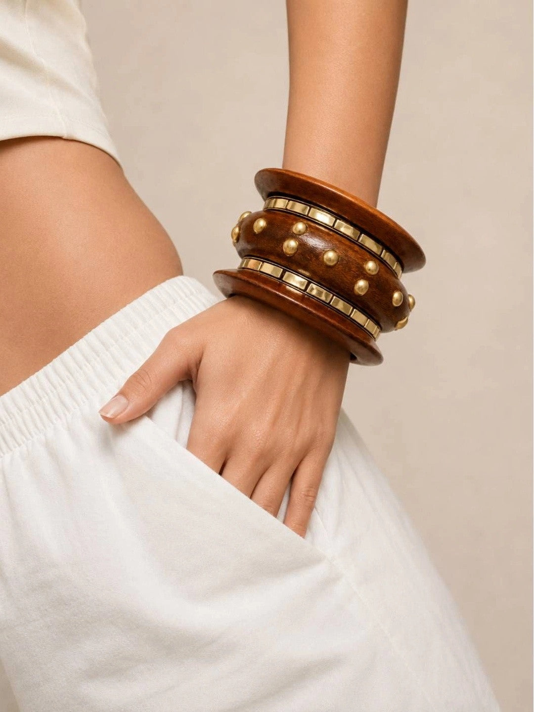 Wood & Gold-Tone Brass Studded Bangles Set of 5