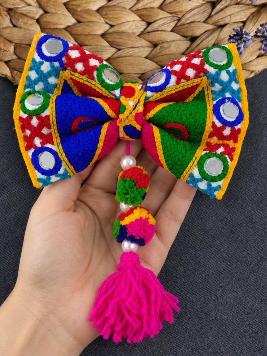 Mirror Work Embroidered Bow Hair Clip With Tassel