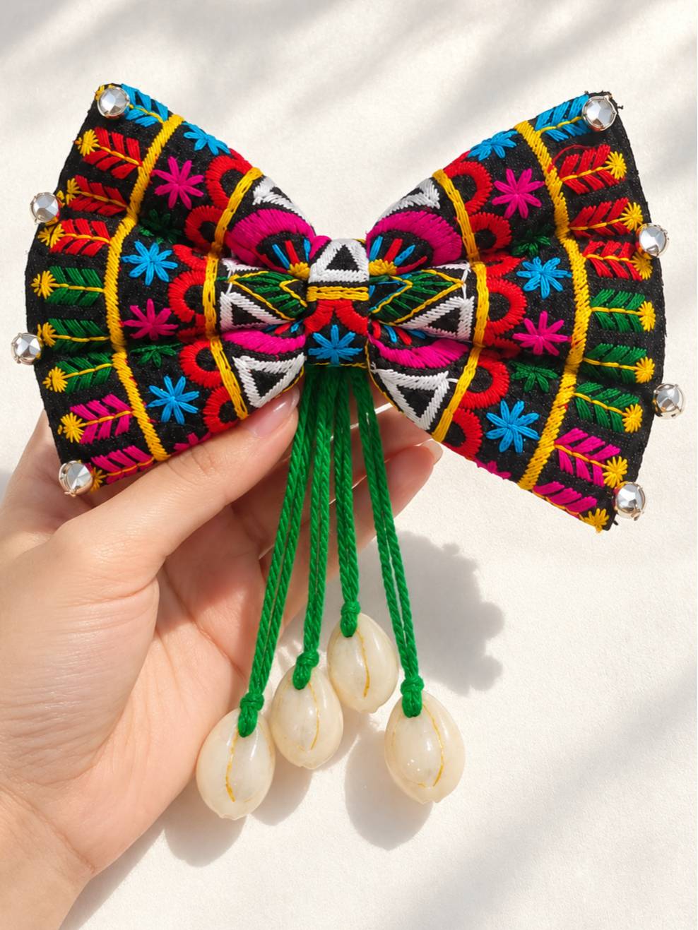 Embroidered Fabric Bow Hair Clip with Cowrie Shells
