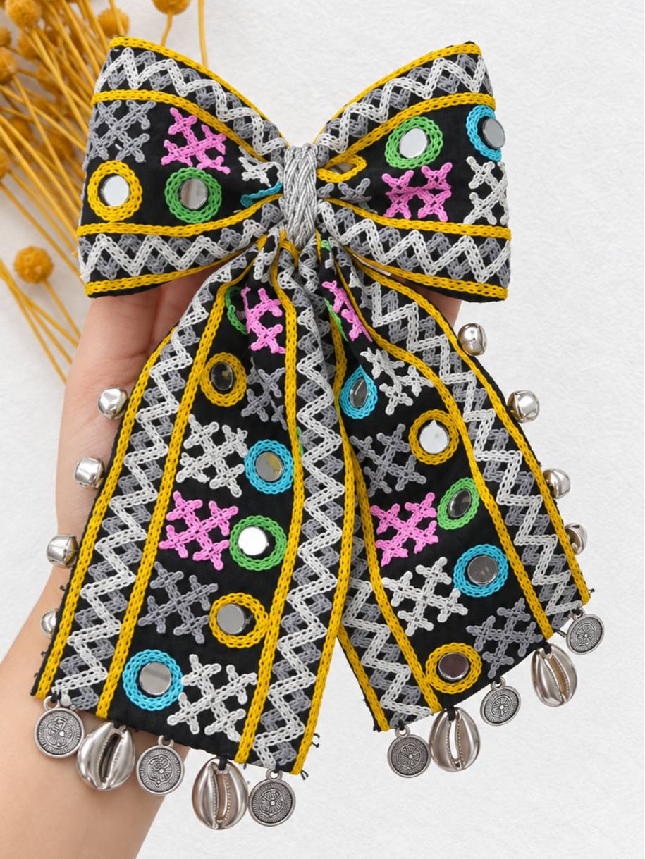Embroidered Fabric Bow Hair Clip with Mirror Work